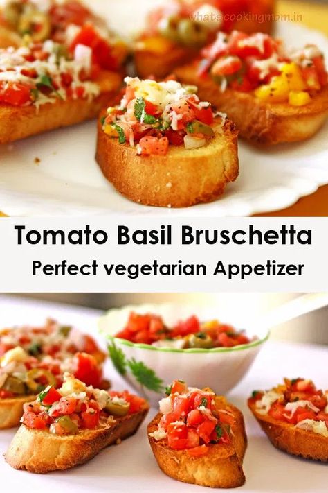 Vegetarian Starters Appetizers, Tomato Basil Bruschetta, Appetizer Vegetarian, Caprese Bruschetta, Winter Appetizers, Vegetarian Snack, Vegetarian Starters, Vegetarian Appetizer, Cottagecore Wedding