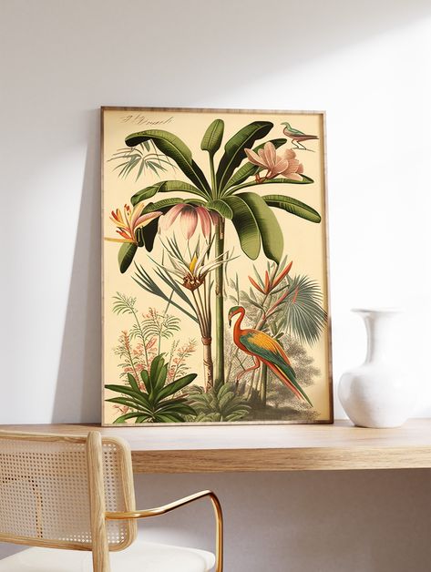 DESCRIPTION & DETAILS A stylish botanical poster featuring dense tropical leaves in a jungle scene, featuring a tropical bird. Here at The World Gallery all posters consist of high-density 270 gsm paper, uniquely designed artwork, printed with high-grade inks using a professional, best in class, ink jet printer. All this combines to deliver crisp, exhibition-quality artwork, destined to make an impression. POSTAGE  -All items are packaged using strong poster tubes and packaging materials in orde Vintage Botanical Gallery Wall, Safari Chic Decor, Vintage Jungle Aesthetic, Tropical Coastal Decor, British Colonial Style Kitchen, Tropical Office Decor, Vintage Tropical Aesthetic, Jungle Art Tropical, Botanical Art Prints Wall Decor