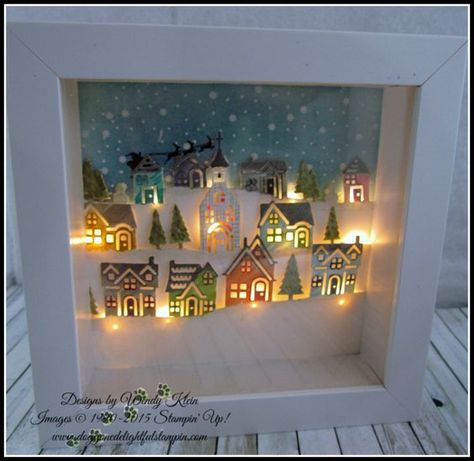 Box Frame Ideas, Christmas Box Frames, Shadowbox Ideas, Christmas House Lights, Christmas Shadow Boxes, White Box Frame, Stampin Up Christmas, 3d Christmas, Shadow Boxes