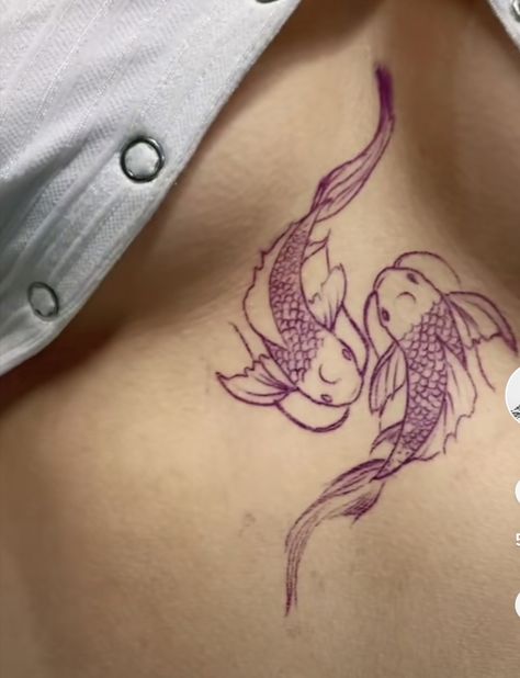 Koi Fish Sternum Tattoo, Koi Fish Tattoo On Stomach, Koi Fish Spine Tattoo, Coi Fish Tattoo, Small Fish Tattoos, Dark Skin Tattoo, Stomach Tattoos Women, Small Matching Tattoos, Underboob Tattoo