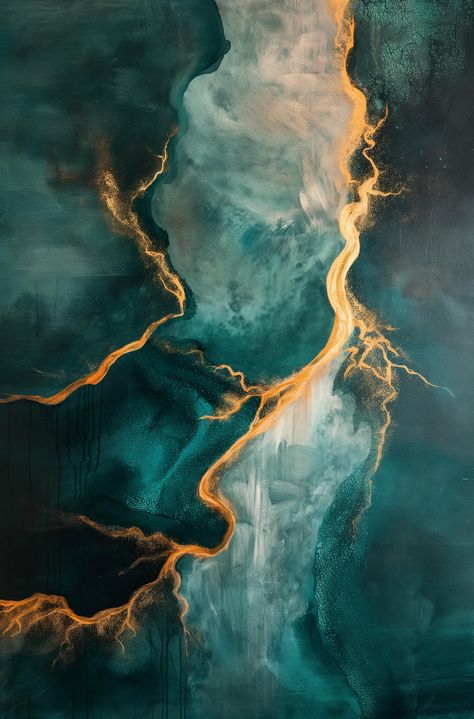 in thickness, suggesting the artist employed a technique that allows the acrylics to layer in a manner that creates an almost three-dimensional effect across the surface. The golden lines weave through the turquoise and teal backdrop like rivers of molten metal, their luminous paths creating a dynamic interplay of light and shadow. The swirling patterns seem to mimic natural formations, reminiscent of aerial views of river deltas or microscopic images of minerals.  The overall impression is one of fluid motion and organic growth, encapsulated within the structured Teal Backdrop, Turquoise And Teal, Molten Gold, Molten Metal, Microscopic Images, River Delta, River Art, Teal And Gold, Golden Lights