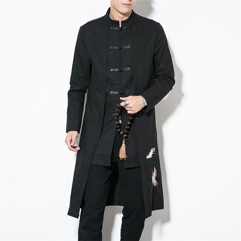 Chinese Clothing For Men, Hanfu Men, Linen Embroidery, Tang Suit, Chinese Clothing, Cotton Coat, Long Gown, Casual Streetwear, Long Shirt