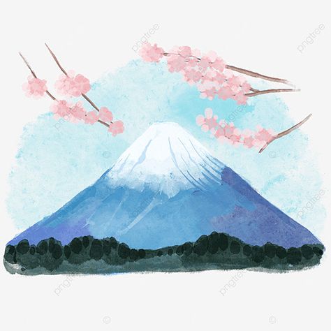 Mt Fuji Watercolor, Mount Fuji Watercolor, Painting Ideas Japanese, Mount Fuji Drawing, Japan Watercolor Painting, Japanese Watercolor Paintings, Japan Scrapbook, Mount Fuji Sakura, Sakura Watercolor