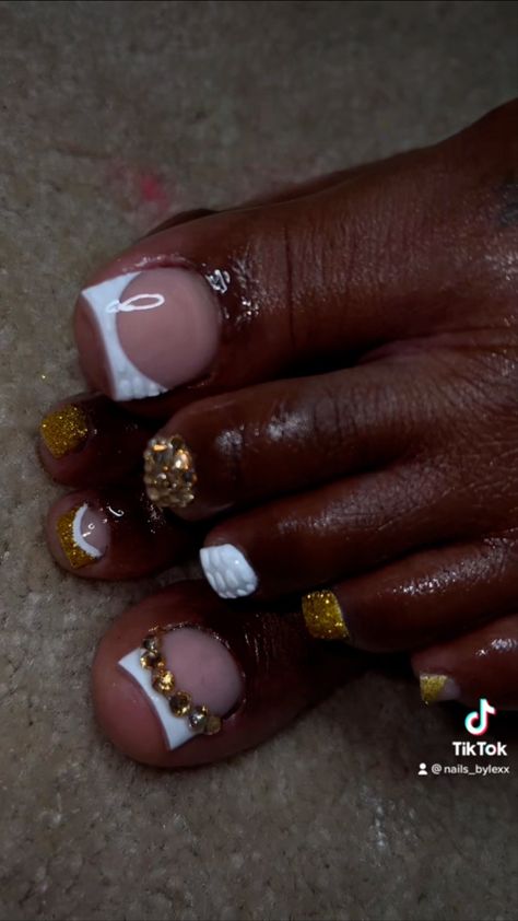 #toenails French Nails And Toes Matching, Gold Acrylic Toes, Gold French Tip Toes, Black And Gold Pedicure, Gold Toe Nails, French Tip Toes, Gold French Tip, Gold Acrylic Nails, Toenail Designs