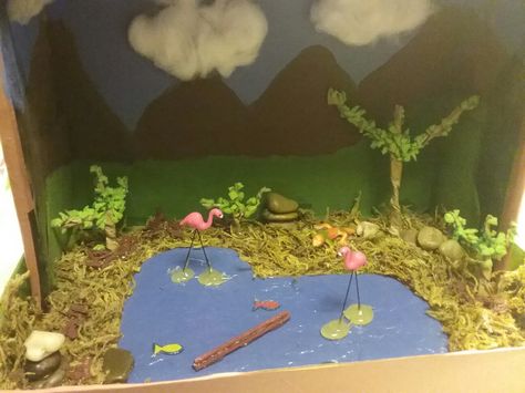 Flamingo diorama Flamingo Habitat Project, Habitat Diorama Ideas For Kids, Tropical Rainforest Diorama Ideas, Flamingo Habitat Diorama, Flamingo Diaroma, Grassland Habitat Diorama, Animal Environment, Diorama Tropical Rainforest, Flamingo Habitat