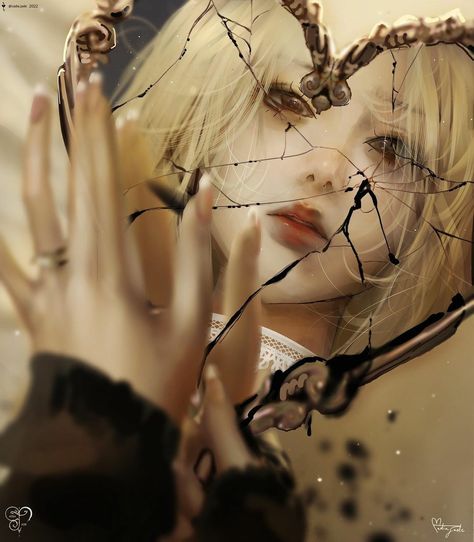 Cracked Mirror, Art Bin, Semi Realism, Broken Mirror, Mirror Reflection, Look In The Mirror, Digital Portrait, Gold Mirror, Aphrodite