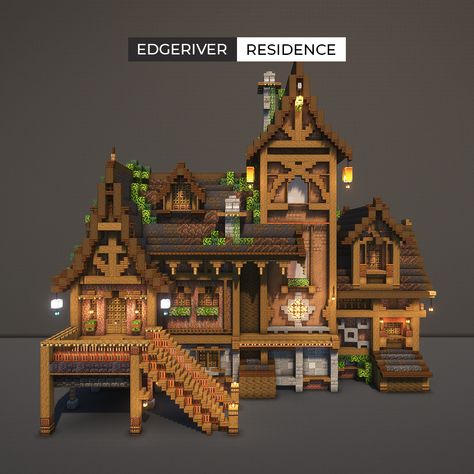 Minecraft build - Edgeriver Residence💫🌼 All Medieval, Dark and Rustic...☘ Hope you like it! If you like the build, check it out on my Patreon!👍 Download Link below Fantasy Minecraft Builds Ta… Dragon Builds Minecraft, Whimsigoth Minecraft House, Minecraft Medieval Village Ideas, Big Minecraft House Ideas, Minecraft End House, Most Minecraft, Minecraft Houses Fantasy Ideas, Minecraft Tudor House, Hanging Minecraft House