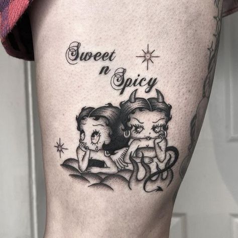 Sweet And Spicy Tattoo, Betty Boop Tattoo Ideas, Spicy Tattoo, Chest Tattoo Fonts, Small Dope Tattoos, Stippling Tattoo, Betty Boop Tattoos, Sweet N Spicy, Magic Runes