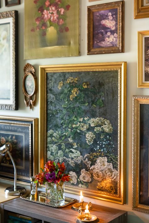 Art Studio Gallery Wall, Home Decor With Paintings, Antique Picture Gallery Wall, White Framed Gallery Wall, Vintage And Modern Art Gallery Wall, Gallery Wall Ideas French Country, Modern And Vintage Art Wall, Painting Frames On Wall Home Decor, Thrift Store Art Gallery Wall