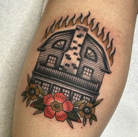 American Traditional House Tattoo, The Conjuring Tattoo, Conjuring Tattoo, Traditional Movie Tattoo, American Traditional Horror, Couldren Tattoo, Horror American Traditional Tattoo, Horror House Tattoo, American Traditional Haunted House Tattoo