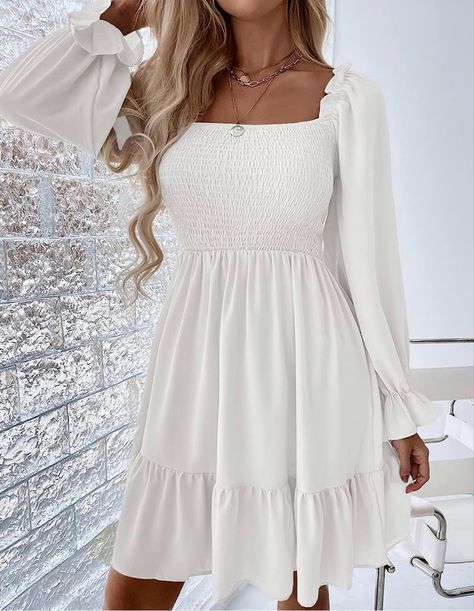 Pasgreson Women's Square Neck Long Puff Sleeve Dress A Line Flowy Short Mini Dress Dress Cute Outfits, White Dress Cute, Long Puff Sleeve Dress, Graduation Dresses Long, Collar Dresses, Casual Elegant Style, Cute Formal Dresses, Elegant Casual Dress, Cute White Dress