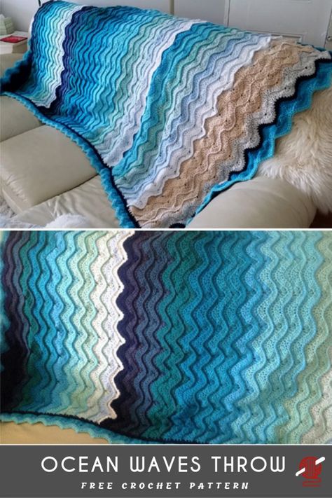 Ocean Waves Crochet Throw [FREE] | Pattern Center Crochet Wave Pattern Free, Easy Crochet Blankets Free, Crochet Wave Pattern, Crochet Ocean, Crochet Ripple Pattern, Crocheted Blankets, Crochet Throw Pattern, Crochet Afgans, Crochet Quilt