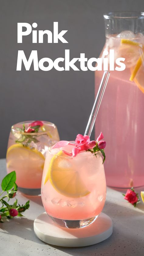 Pink Mocktails Mocktail Recipe Large Batch, Alcohol Free Pink Drinks, Pink Mocktail Recipe Non Alcoholic, Fun Pink Drinks Non Alcoholic, Pink And Blue Mocktails, Galentines Drinks Non Alcoholic, Sweet 16 Mocktail, Pink Bridal Shower Drinks, Rose Mocktails Non Alcoholic