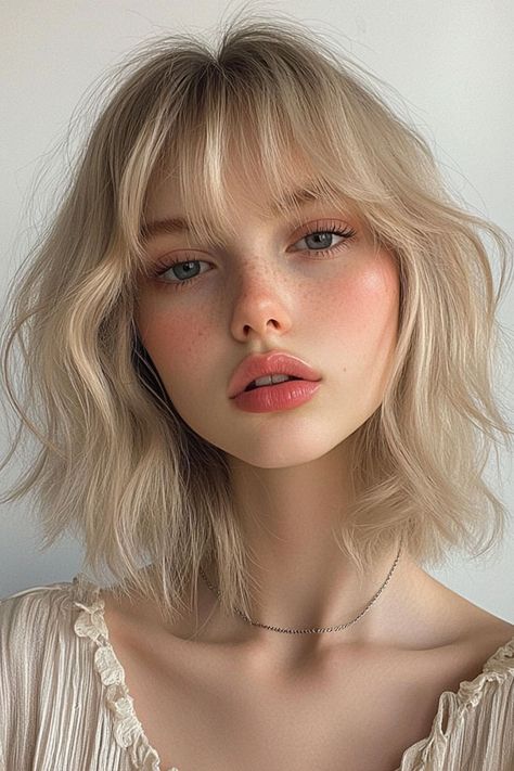 Soft Beige Shag Lob with Wispy Waves, textured shaggy long bob, medium-length shag bob haircut Soft Shaggy Bob, Shag Lob, Shaggy Long Bob, Shag Bob Haircut, Ladies Short Hair, Blonde Bob With Bangs, Shaggy Lob, Haircuts For Ladies, Short Hair Hairstyles