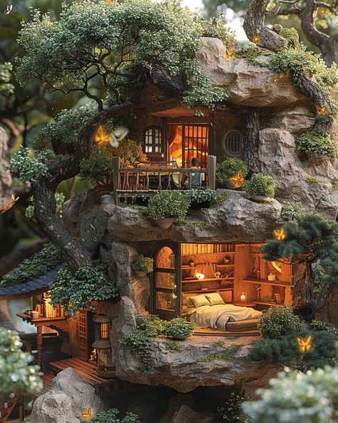 Forest Tree House Aesthetic, House With Tree Inside, Fantasy Treehouse Interior, Tree House Aesthetic, Forest Tree House, Fantasy Treehouse, Surreal Architecture, Butterfly Tree, Fairy Home