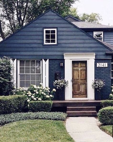 Gale force: sherwin Williams Navy Cottage, Casa Hobbit, Exterior Paint Colors For House, Manifestation Board, Painted Brick, River House, Exterior Paint Colors, Style At Home, House Goals