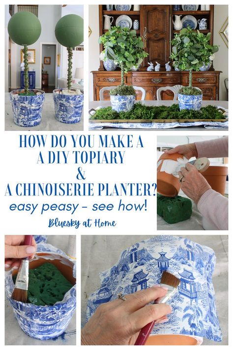 Make a Chinoiserie Planter for a Handmade Topiary. Transform ordinary planters into works of art with decoupage and handmade topiaries. Dive into my DIY guide for crafting your own Chinoiserie-inspired décor. Then use styrofoam balls and greenery to make topiaries from scratch. Use this creation to bring color, pattern and style to your home. Christmas Diy Topiaries, Diy Blue And White Decor, Diy Chinoiserie Planter, Chinoiserie Diy, Styrofoam Ball Crafts, Diy Chinoiserie, Chinoiserie Chic Decor, Decorating With Chinoiserie, Terra Cotta Pots Garden