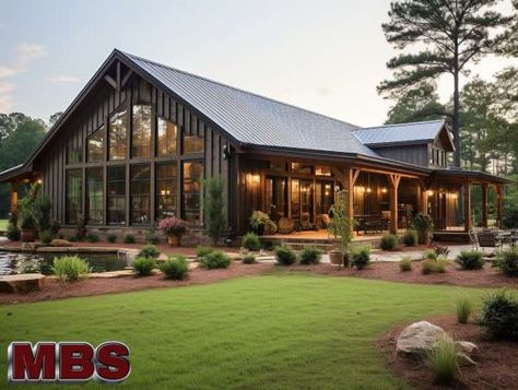 Georgie Metal Building Home Builders Metal Building House Plans Open Floor, Farmhouse Metal Building, Hunting Lodge Plans Metal Buildings, Metal Framed Houses, Modern Ranch Barndominium, Modern Steel Building, Metal And Rock House, Metal Structure House, Steel House Metal Buildings