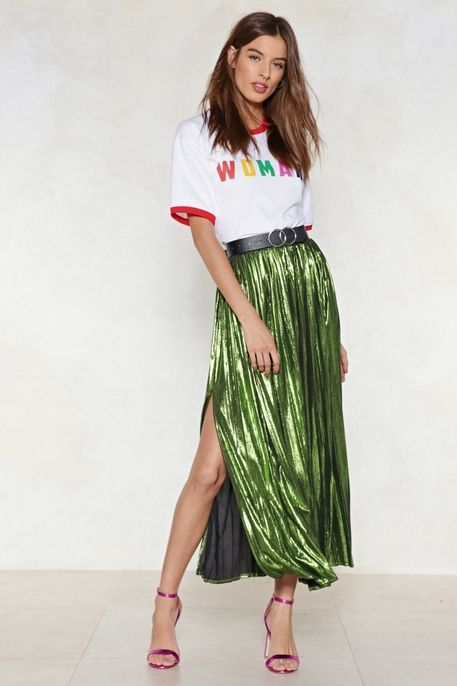 Nastygal US #fashion #trends #fashionweek #metallic Green Midi Skirt, Green Princess, Metallic Pleated Skirt, Leather Pleated Skirt, Metallic Skirt, Pleated Midi Skirt, Tie Dye Skirt, Pleated Skirt, Party Outfit