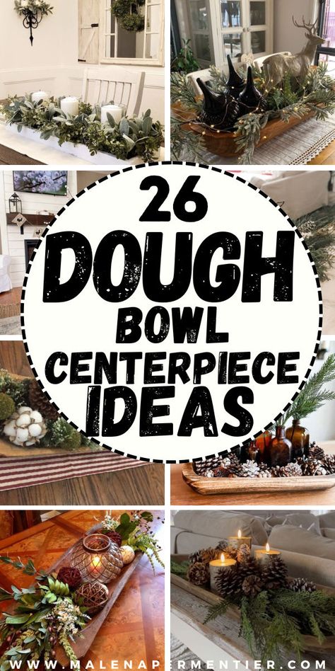 dough bowl centerpieces Antique Dough Bowl Decorating Ideas, Dough Bowl Centerpiece Ideas, Bowl Centerpiece Ideas, Wooden Bowls Decor Ideas, Everyday Table Centerpieces, Christmas Greenery Arrangements, Wooden Bowls Decor, Bowl Centerpieces, Easy Dough