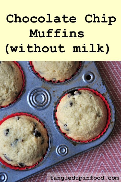 Chocolate chip muffins without milk. Use dairy-free chocolate chips for a kosher recipe or milk allergies. Also a great recipe if there's no milk in the house Baking Without Milk Recipes, No Milk Muffins Easy Recipes, Breakfast Recipes Without Milk, Muffin Recipes Dairy Free, Muffin Recipes Without Milk, No Milk Baking Recipes, No Milk Breakfast Recipes, Chocolate Chip Muffins No Milk, Dessert Without Milk