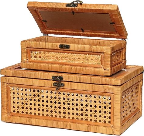 Amazon.com: Rattan Boxes (Set of 2 Sizes) with Acrylic Lid for Displaying your Cherished Memories, Organizing and Enhancing your Home Decor, Hand Crafted Boxes, Versatile and Stylish Rattan Storage, Boho Kitchen : Home & Kitchen Cute Boxes, Money Storage, Rattan Storage, Vintage Boxes Wooden, Boring Life, Home Wishlist, Organization Decor, Boho Kitchen, Organiser Box