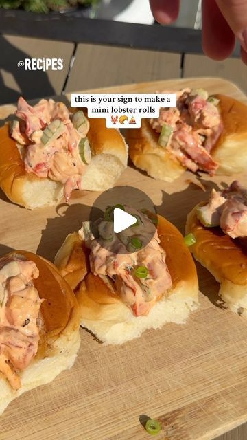 Recipes on Instagram: "Summer time is lobster roll season!😋 What better way to enjoy them with friends than with these adorable MINI lobster rolls!🤗🦞🥐 Send this to someone you want to make these with!💛 #mini #lobster #roll #lobsterroll #minilobsterroll #mayo #butter #mainelobsterroll #homemade #hawaiianrolls #savory #sweet #flavorful #seafood #delicious #summer #idea #recipe #summerrecipe #appetizer #app #dinner #lunch #party #favor #partyfood #bbq  #newengland #viral #trend  Ingredients: •2 tbs. butter •14 oz. lobster meat (I used frozen packs of lobster meat- knuckle and claw, no shell and already precooked) •1/3 cup celery •1/3 cup mayo •1 tsp. salt •1 tsp. black pepper •1 tsp. paprika zest of lemon •1 tsp. lemon juice •12 pack of Hawaiian rolls (will use about 9) chopped scallions Mini Lobster Rolls, Lunch Party, Lobster Meat, Maine Lobster, Hawaiian Rolls, Lobster Roll, Instagram Summer, Viral Trend, Lemon Juice