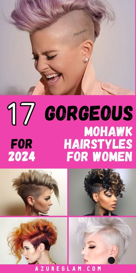 It's time to redefine your style with Mohawk Hairstyles for Women in 2024. Discover a stunning range of mohawk options, including long, short, curly, and updo styles. Whether you want to experiment with a fake mohawk or embrace the timeless appeal of a classic mohawk, our collection has something for everyone. Make 2024 your year to shine with a fierce and fabulous mohawk hairstyle. Half Shaved Hair Short Curly, Mohawk With Extensions, Mohawk For Girls Kid Hairstyles, Women Mohawk Hairstyles Shaved Sides, Silver Mohawk Women, Short Mowhak Hairstyle Woman, Women Faux Hawk Short Haircuts, Feminine Mohawk Short Hair, Woman Mohawk Hairstyles