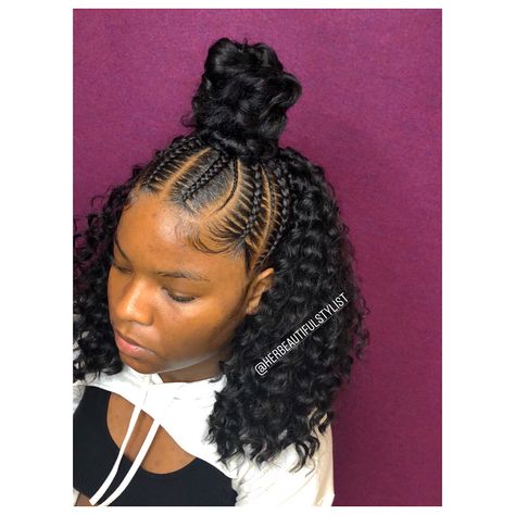 Two Braids Into A Bun Half Up Half Down, Half Braids Half Crochet Hairstyles Short, Half Cornrows Half Curly Weave Crochet, Half Braided Half Crochet Hairstyles, Crochet Braid Styles Half Up Half Down, Half Up Half Down Hair Black Women Crochet, Stitch Braids Half Up Half Down, Braid Half Up Half Down Black Women, Crochet Half Up Half Down