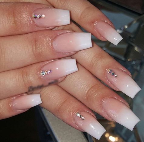 French Ombre Nails Coffin Rhinestones, Rinstone Nails Design Coffin Simple, Ombre French Tip Nails With Rhinestones, Ombre Nails Diamonds, Pink Ombre Nails With Rhinestones, Nail Ideas Rhinestones, Ombré Nails With Gems, Ombre Nails With Gems, Nail Designs Rhinestones