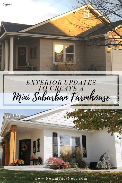 modern farmhouse, mini suburban farmhouse, exterior updates, curb appeal Coastal Houses Exteriors, Suburban Farmhouse, Exterior Updates, Building A Porch, Home Exterior Makeover, Exterior Modern, Modern Craftsman, Exterior Makeover, Exterior Remodel