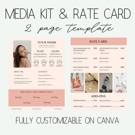 #Influencer_Rate_Card #Media_Kit_Examples #Influencer_Media_Kit #Rate_Card Youtube Media Kit, Media Kit Examples, Rate Card, Canva Template Instagram, Canva Edit, Types Of Social Media, Media Kit Template, Facebook Layout, Social Media Poster