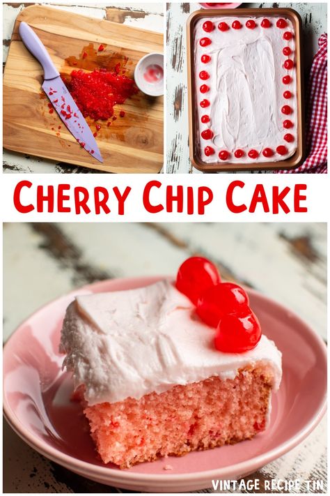 Cherry Chip cake with cherry buttercream frosting. A great cake to celebrate birthdays. #cherrycake #cherrychipcake #vintagerecipes Cherry Layer Cake With Cream Cheese, Easy Cherry Chip Cake, Homemade Cherry Chip Cake, Cherry Chip Cake Mix Recipes, Cherry Chip Cake Recipe, Easy Cherry Cake Recipe, Cherry Sheet Cake, Easy Cherry Cake, 1950s History