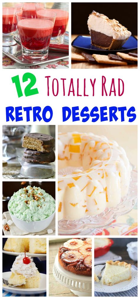 12 Totally Rad Retro Desserts - get ready for a blast from the past with recipes for classic cakes, vintage pies, jazzed up jello, and all of your favorite desserts from your childhood. Desserts From The 50s, 1960s Desserts, 50s Desserts, 1960s Food, Jello Mold Recipes, 1950s Food, Martini Party, Retro Desserts, Cheap Recipes