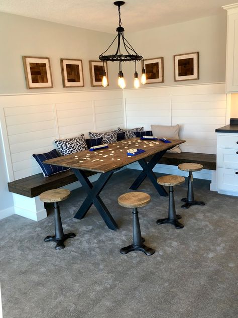 Basement Board Game Table, Attic Rec Room Ideas, Family Room Game Storage, Game Room Corner Ideas, Game Room Nook Ideas, Long Narrow Game Room Ideas, Board Game Dining Room, Basement Card Table Ideas, Table In Basement