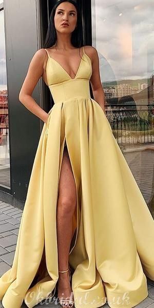 db957c626a8cd7a27231adfbf51e20ebdesc51933238ri Formal Prom Dresses Long, Prom Dresses Yellow, Prom Dresses With Pockets, V Neck Prom Dresses, Semi Casual, Yellow Satin, Dresses Homecoming, Backless Prom Dresses, A Line Prom Dresses