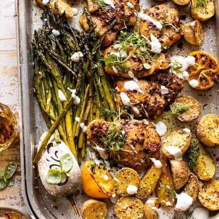 Sheet Pan Lemon Rosemary Dijon Chicken with Feta Goddess Sauce - Half Baked Harvest Half Baked Harvest Chicken, Potatoes With Feta, Half Baked Harvest Recipes, Dijon Chicken, Chicken And Potatoes, Recipe Sheets, Lemon Rosemary, Harvest Recipes, Half Baked