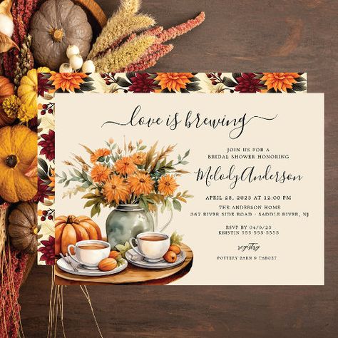 $2.8 | Love is Brewing Bridal Shower Invitation - bridal shower, bridal tea, tea party, love is brewing, coffee, modern, fall autumn bridal shower, brunch, watercolor, flowers floral Brunch Watercolor, Autumn Bridal Shower, Mum Flowers, Tea Bridal Shower Invitations, Chalkboard Writing, Tea Bridal Shower, Love Is Brewing, A Baby Is Brewing, Autumn Bridal