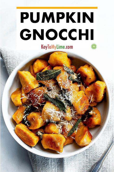 This pumpkin gnocchi with sage butter sauce is SO GOOD! It’s easy and high in protein because it’s made with Greek yogurt instead of baked potato. I’ll be making this pumpkin gnocchi recipe all season long! #pumpkin #pumpkinrecipes #gnocchi #pumpkingnocchi | keytomylime.com Christmas Recipes Dinner Main Courses, Lentils Recipes, Tempting Food, Appetizing Food, Sage Butter Sauce, Pumpkin Gnocchi, Halloween Food Dinner, Halloween Food Appetizers, Brown Butter Sauce