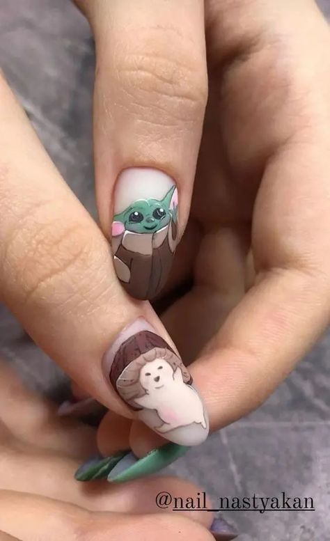 40+ Star Wars Nail Ideas That Are Out Of This World - Grogu Nail Art, Yoda Nail Art, Grogu Nails, Mandalorian Nails, Baby Yoda Nails, Animation Nails, Star Wars Nails, Nail 2023, Disney Acrylic Nails