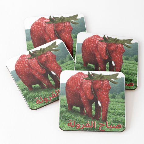 Get my art printed on awesome products. Support me at Redbubble #RBandME: https://www.redbubble.com/i/coasters/Arabic-Text-%D8%B5%D8%A8%D8%A7%D8%AD-Strawberry-Morning-Elephant-Funny-Meme-by-fomodesigns/152830200.E5I3N?asc=u Arabic Strawberry Elephant, Strawberry Elephant, Elephant Funny, Funny Meme, Coaster Set, Awesome Products, Coasters, Elephant, Funny Memes