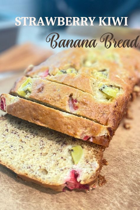 A delicious banana bread with strawberries and kiwis added in to switch things up. Kiwi Bread Recipes, Kiwi Bread, Kiwi And Banana, Strawberry Banana Bread, Apple Bread Recipe, Strawberry Kiwi, Fruit Bread, Easy Banana Bread Recipe, Apple Bread