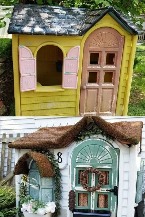 Fairy Cottage Playhouse, Repainted Playhouse, Refurbished Playhouse, Neverland Playroom, Playhouse Transformation, Playhouse Redo, Ferret Enclosure, Plastic Playhouse Makeover, Toddler Gardening