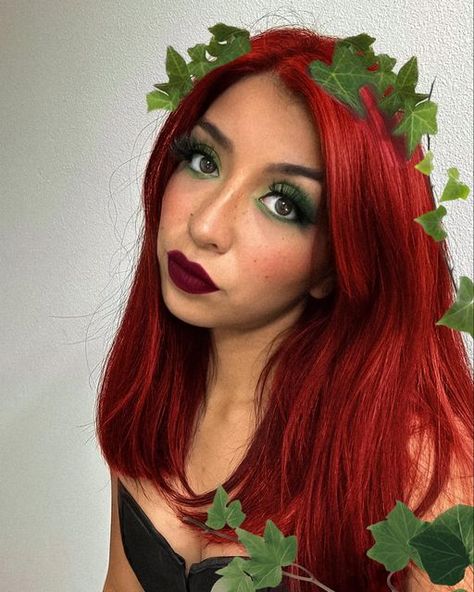 Yvette’s Life | Lifestyle & Outfit Inspo on Instagram: "Another day another Halloween costume idea🕷️ You know I had to do Poison Ivy with my red hair 🌿 • #poisonivycosplay #poisonivycostume #batmancostume #easycostume #easycostumeideas #lastminutecostume #redhaircolor #greeneyeshadow #greenmakeup" Poison Ivy Red Hair, Dyed Red Hair Halloween Costumes, Red Haired Halloween Costumes, Dark Red Hair Halloween Costumes, Halloween Costumes For Red Hair, Halloween Costumes With Red Hair, Red Hair Costumes, Red Hair Halloween Costumes Ideas, Halloween Costume Red Hair