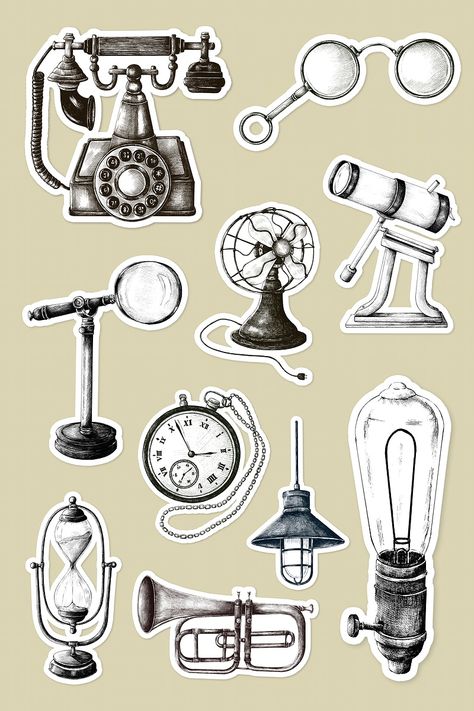 Vintage Stickers Printables Retro, Vintage Design For Scrapbook Printable, Vintage Design For Scrapbook, Andrew Wiles, Telescope Vintage, Vintage Aesthetic Stickers Printables, Retro Objects, Movie Illustration, Scrapbook Inspo