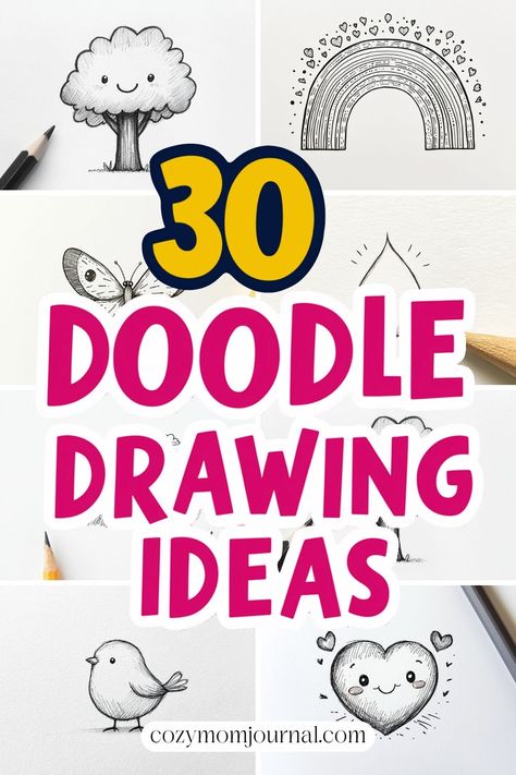 30 Doodle Drawing Ideas featuring sketches of a tree, rainbow, feather, and heart. Simple Journal Drawing Ideas, Motivational Drawings Ideas Easy, Doodle Ideas For Kids, Fun Simple Drawings, Easy Doodles Drawings Cute Simple, Doodle Of The Day, How To Draw Doodles Step By Step, Cake Doodle Drawing, Ocean Doodles Simple