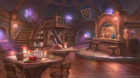 ArtStation - Mobile 2D artwork, Byung Cheol (FEBUD) Magic Tavern, Fantasy Kitchen, 2d Artwork, Bar Artwork, Lion's Den, Fantasy Shop, Fantasy Rooms, Fantasy Background, Anime Room