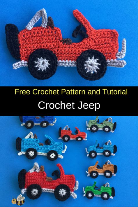 Get this free crochet pattern of a crochet jeep. This and many other crochet patterns are available on my website, Kerri's Crochet. #FreeCrochetPatterns #CrochetJeep #CrochetVehicles Crochet Truck Pattern Free, Crochet Jeep Pattern, Crochet Truck Pattern, Jeep Crochet, Crochet Car Applique Free Pattern, Crochet Jeep Blanket, Crochet Car Apliques, Crochet Vehicles Free Pattern, Crocheting Accessories