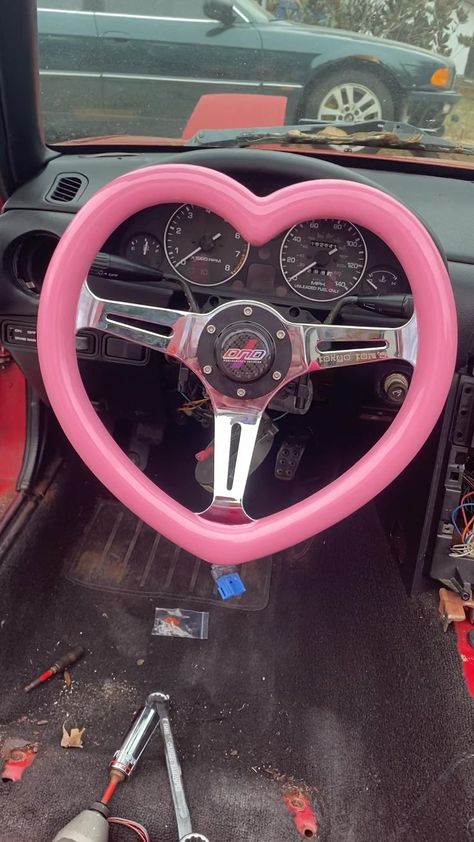 Ways To Decorate Your Car, Heart Steering Wheel, Pink Camaro, Decorating With Pink, Na Miata, Miata Car, Pink Wheels, Pink Cars, Pink Car Accessories