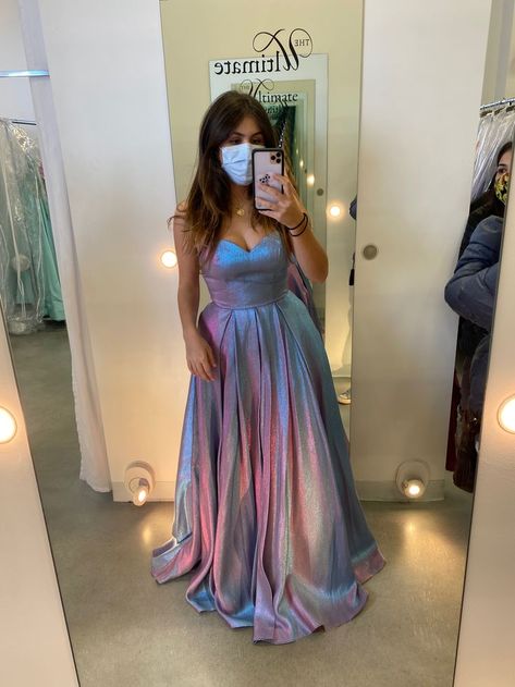 Purple And Blue Prom Dress, Shiny Purple Prom Dress, Shiny Prom Dresses, Holographic Dress Prom, Holographic Dress Outfit, Holographic Prom Dress, Purple Mirror Prom Dress, Holographic Prom Dress Short, Glitter Dresses